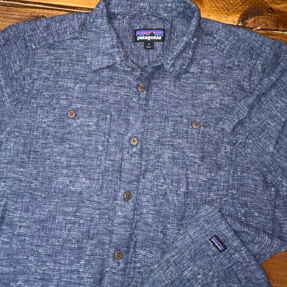 Patagonia Button Up Shirt Mens Small Blue Hemp Organic Cotton Short Sleeve Camp